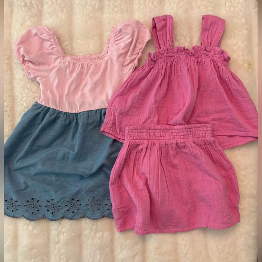 BUNDLE OF 3T girls GAP Pink denim dress and two piece matching Toddler Skirt top